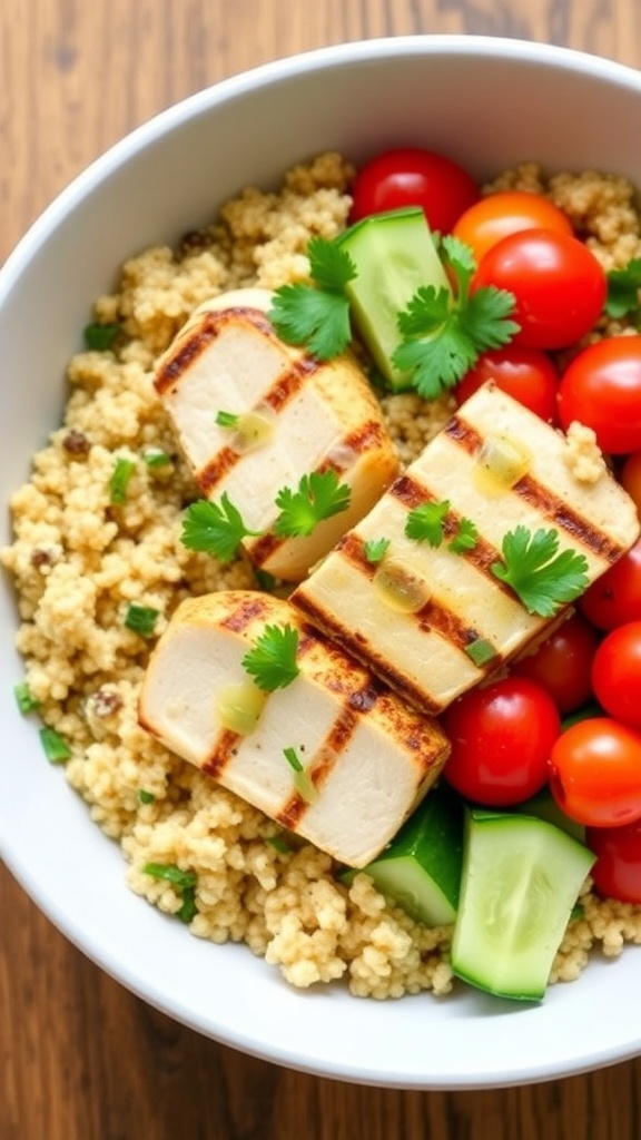 A healthy lemon herb chicken quinoa bowl with grilled chicken, quinoa, cherry tomatoes, and cucumber, garnished with parsley.